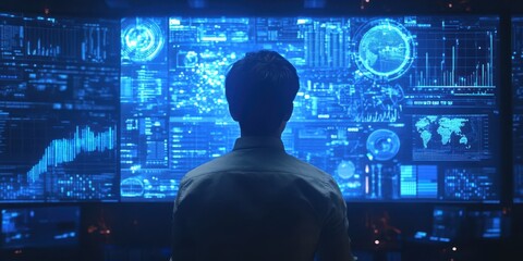 A person analyzing data on a futuristic screen filled with graphs and maps, showcasing advanced technology and innovation.