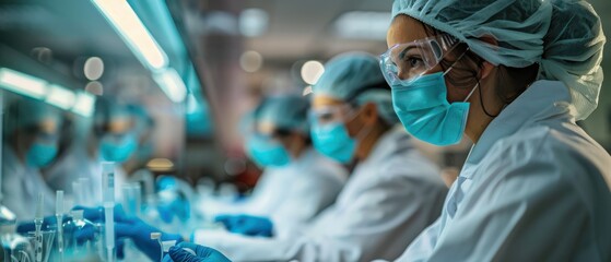 Scientists in lab analyzing viruses and samples in a research setting. Free copy space for banner.