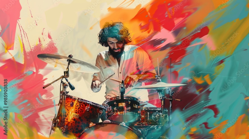 Poster A person sitting with drumsticks, playing a drum set in a studio or performance setting