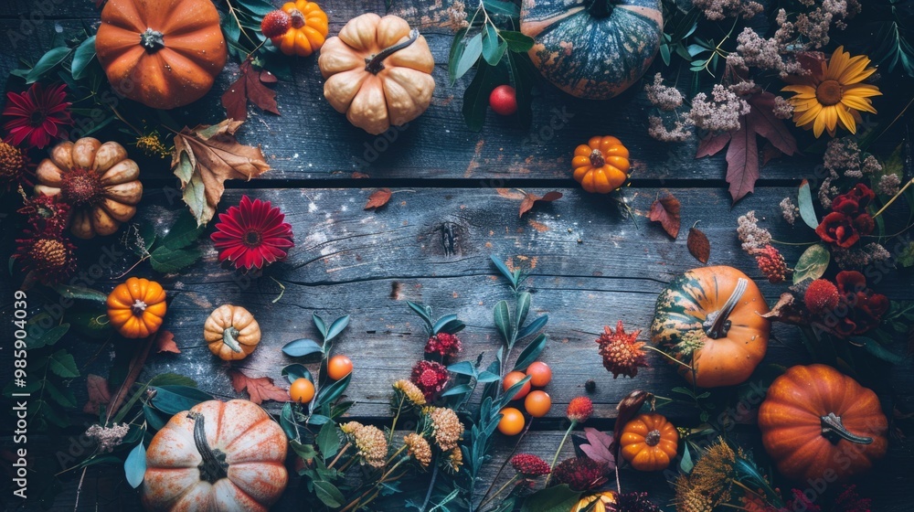 Poster varieties of pumpkins displayed on wooden table for decoration or display