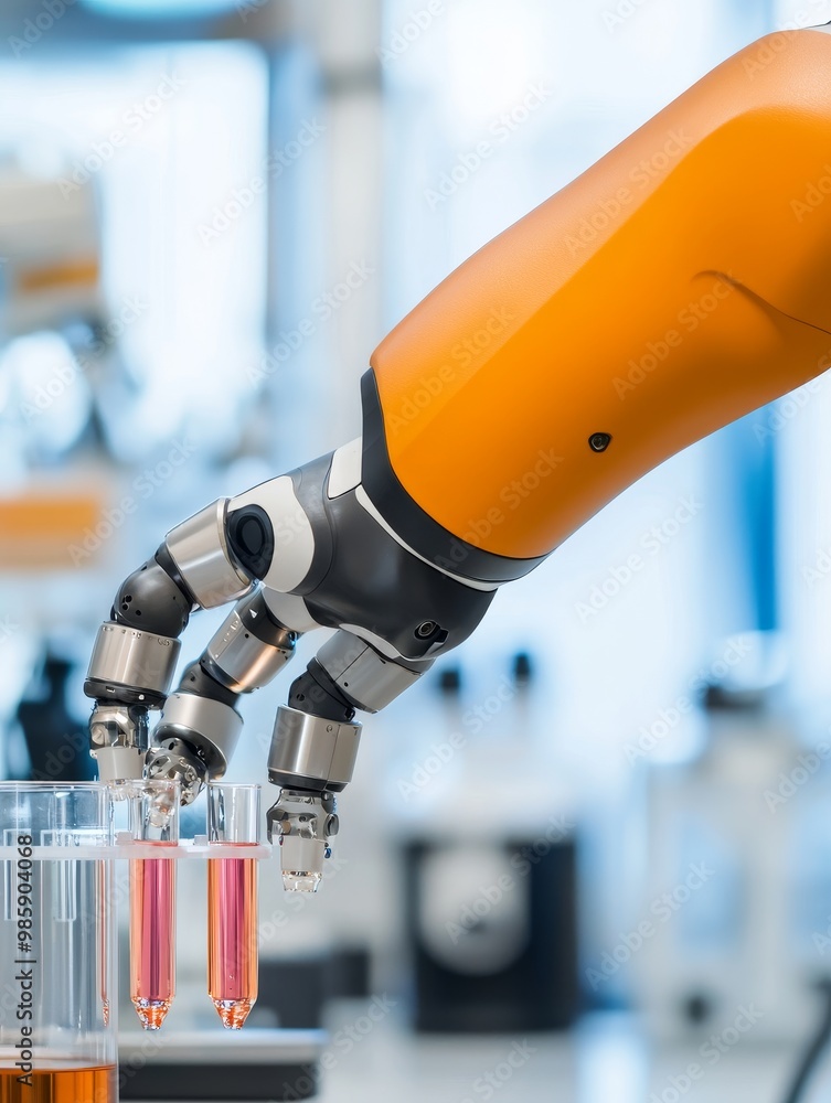 Poster ai-powered robotic arm conducting experiments in a laboratory, showcasing precision, automation, and