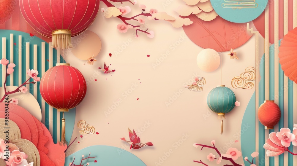 Poster decorative arrangement of paper cut flowers and lanterns on a wall, can be used as a design element 