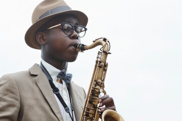 A man dressed in formal attire plays the saxophone, possibly at a jazz club or party