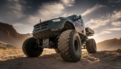 Fototapeta premium Futuristic cyberpunk heavy duty offroad car in desert with big wheels