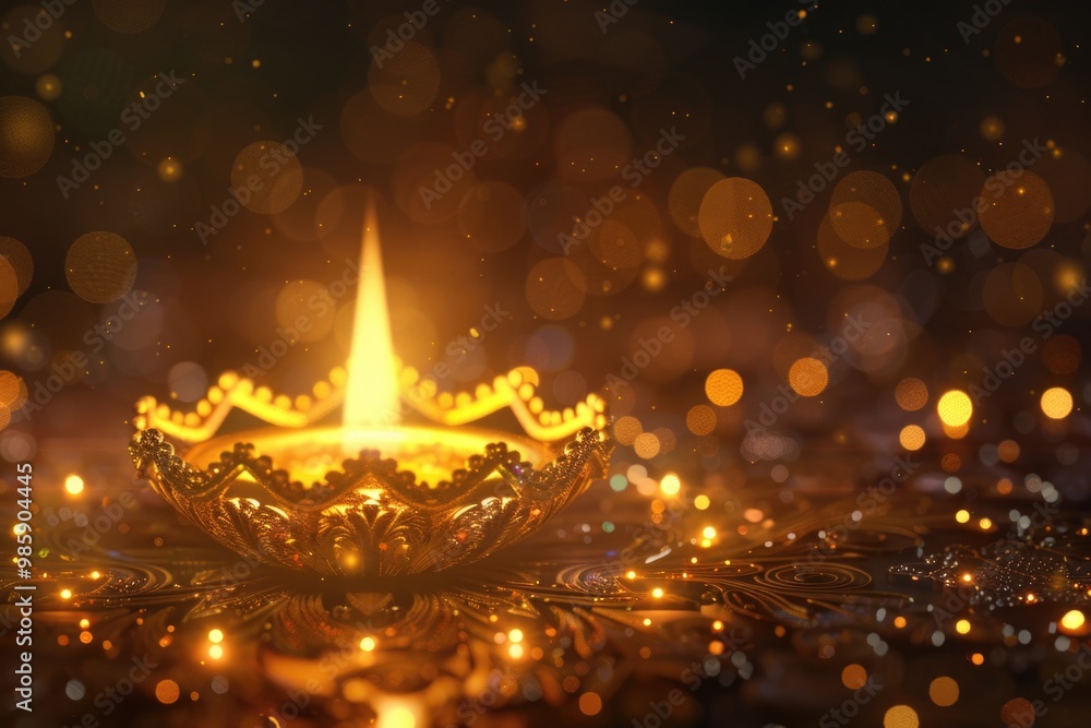 Poster A lit candle on a table with bokeh lights in the background, ideal for use as a decorative element or to add ambiance to an interior space