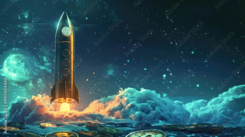 Poster A space rocket soaring through the sky with flames and smoke trailing behind, ideal for sci-fi or futuristic-themed projects