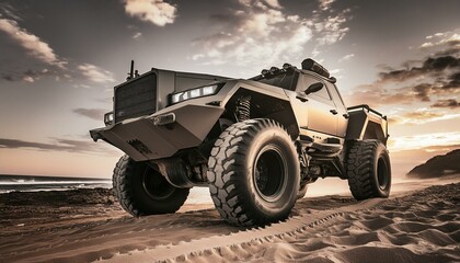 Fototapeta premium Futuristic cyberpunk heavy duty offroad car in desert with big wheels