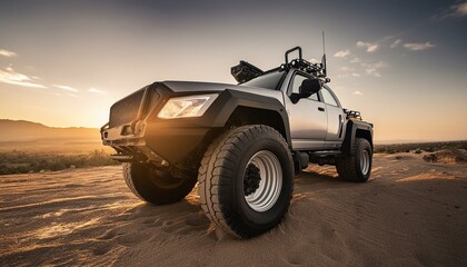 Futuristic cyberpunk heavy duty offroad car in desert with big wheels