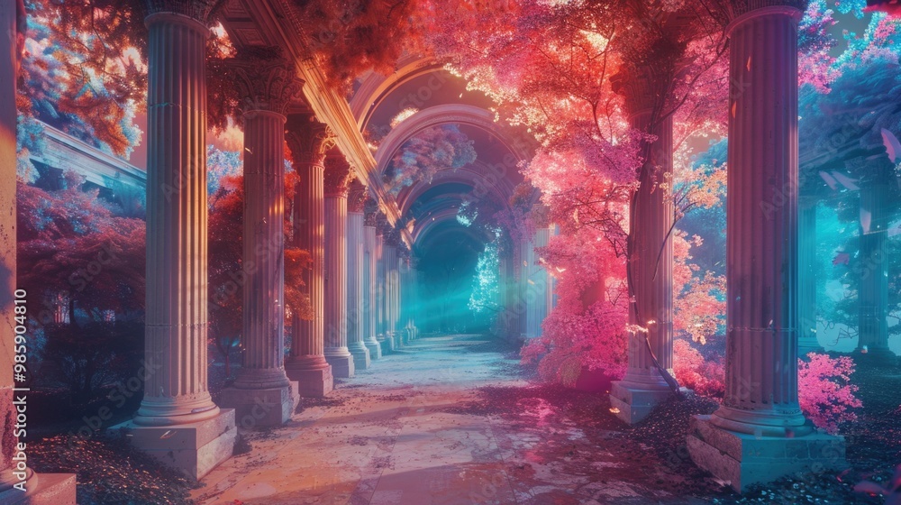 Poster Pathway in a park surrounded by trees, featuring decorative columns along the way