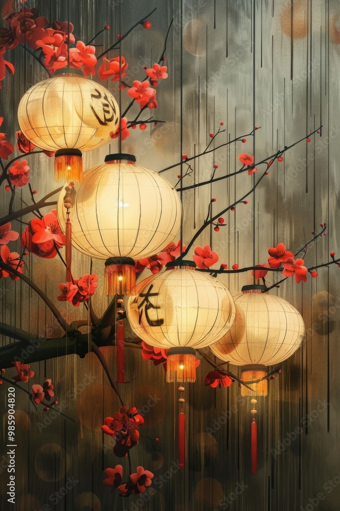Poster a string of white lanterns suspended from the branches of a tree, providing a warm and cozy ambiance