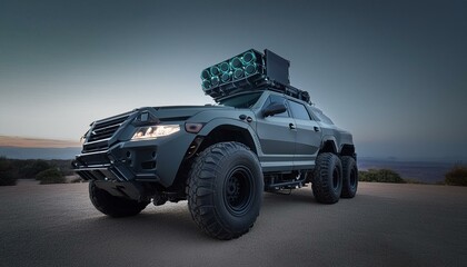 Futuristic cyberpunk heavy duty offroad car in desert with big wheels