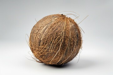 A single coconut sits on a white surface