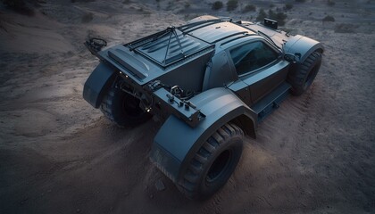Futuristic cyberpunk heavy duty offroad car in desert with big wheels
