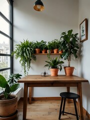 Bright interior with a wooden table and houseplants.