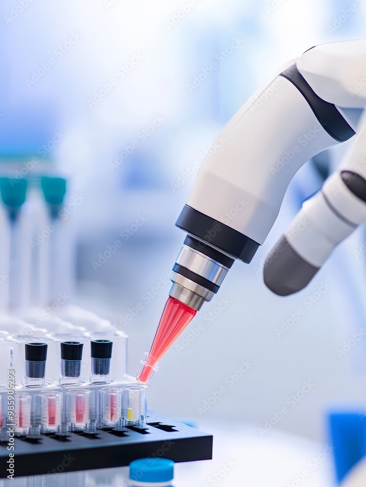 Poster automated pipetting robot precisely dispensing liquids into test tubes, showcasing advancements in l