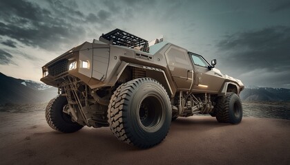 Futuristic cyberpunk heavy duty offroad car in desert with big wheels