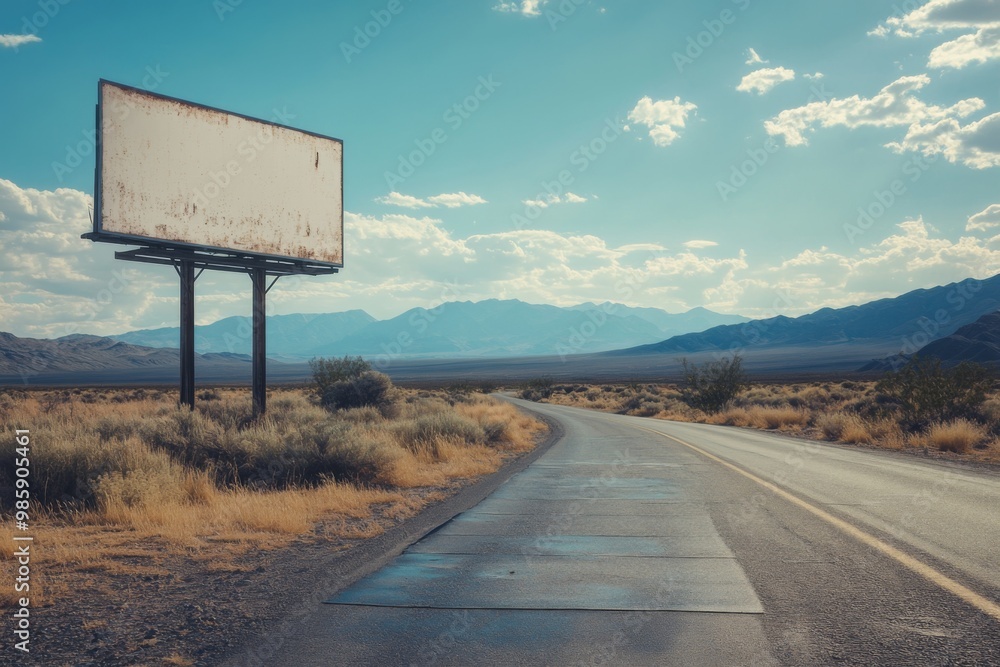 Wall mural old blank white billboard mockup on the empty highway