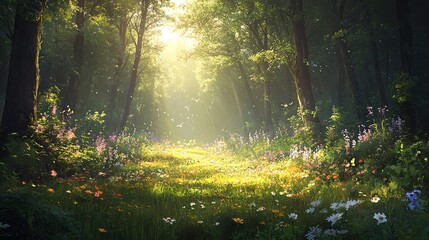 Sunlight streams through a dense forest, illuminating a path lined with wildflowers and green grass.