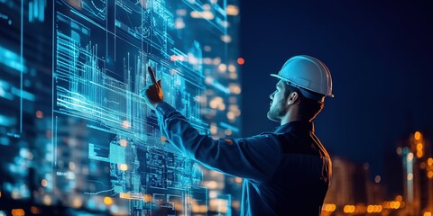 Fototapeta premium A worker interacts with a futuristic digital interface at night, showcasing technology and innovation in construction.