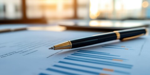 Fototapeta premium Close-up of a pen resting on business documents with graphs, symbolizing financial analysis and planning in a professional setting.