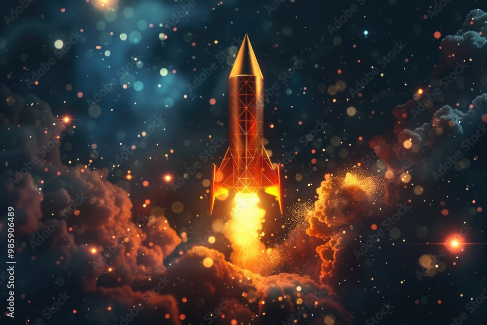 Poster A rocket soaring through the sky with smoke and flames trailing behind