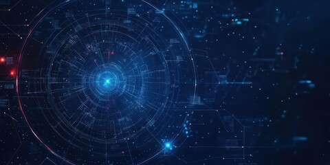 Futuristic blue abstract technology background with circular patterns and glowing data elements for digital art or presentations.