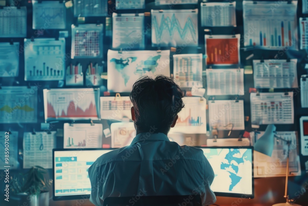 Poster a person sitting at a desk with a computer, ideal for use in office or technology-related contexts