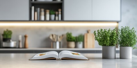 Modern kitchen scene with an open recipe book and fresh green plants on a countertop, offering a vibrant cooking atmosphere.