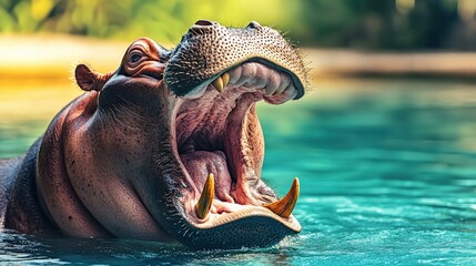 A hippo is in the water with its mouth wide open