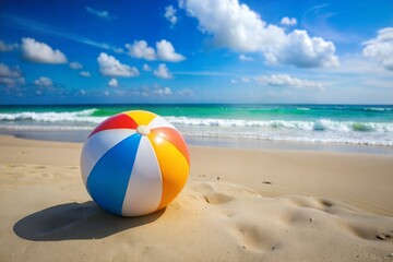 Colorful beach ball on sandy beach with turquoise water and clear sky