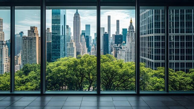 Fototapeta A view of the city from inside an office building, the New York skyline visible through glass windows. Trees can be seen outside, with towering skyscrapers in the distance. 