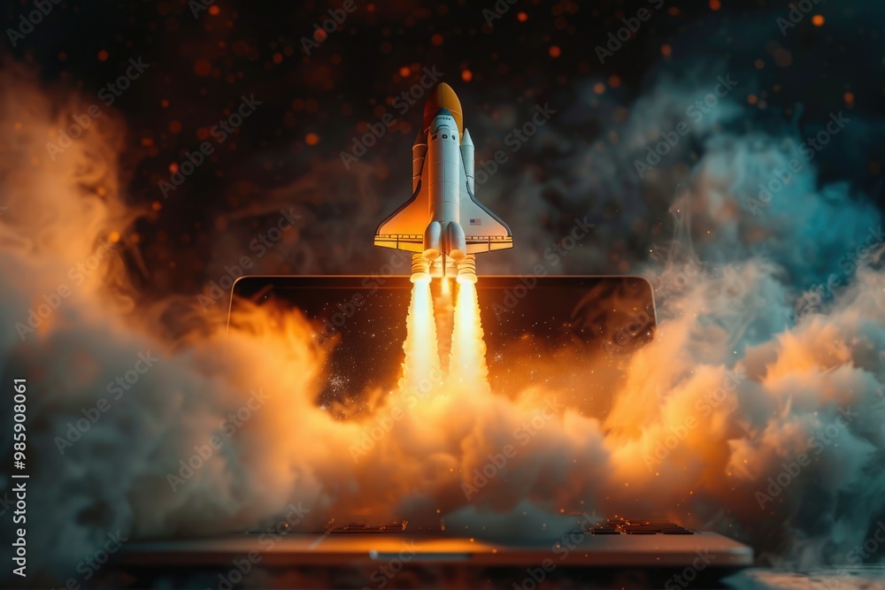 Aufkleber illustration of a space shuttle launching from a laptop screen, representing technological advanceme