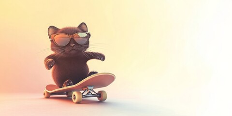 Black cat on skateboard with sunglasses. Cool and trendy pet concept. Perfect for lifestyle branding, social media content, and quirky animal visuals.