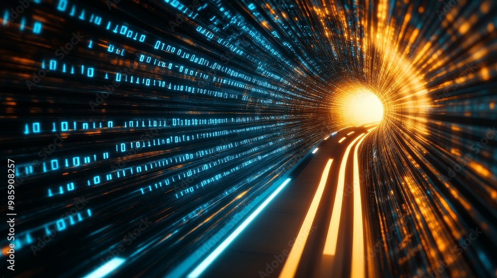 Poster digital highway tunnel with glowing code and light, representing the journey of data, technology, in