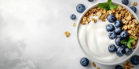 Healthy Breakfast Yogurt Bowl with Granola, Blueberries, and Maple Syrup on Gray Background—Nutritional Concept with Copy Space for Recipes.