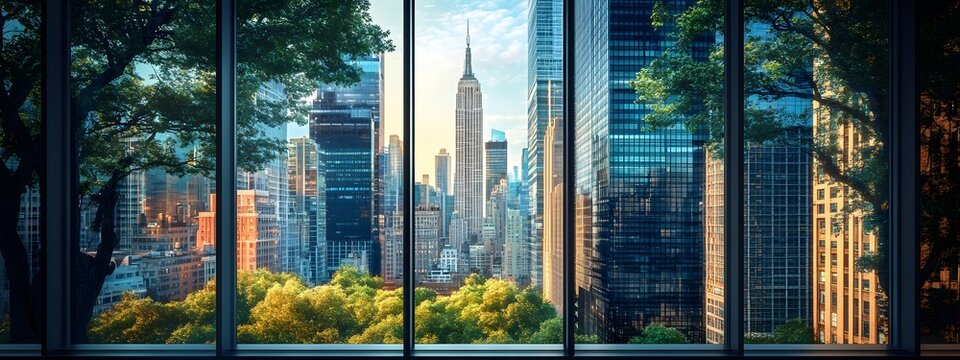 Fototapeta A view of the city from inside an office building, the New York skyline visible through glass windows. Trees can be seen outside, with towering skyscrapers in the distance. 