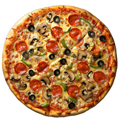 A realistic pizza with a golden, crispy crust, melted cheese, tomato sauce, and vibrant toppings like pepperoni, mushrooms, olives, and green peppers, set against a transparent background.