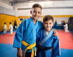 Kids of different ages in kimono having training session Generated image