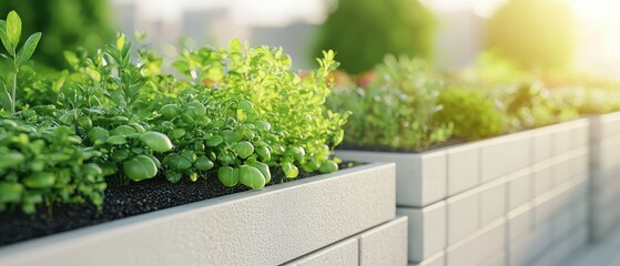 A vibrant garden with fresh greens in a modern planter, showcasing the beauty of urban gardening in natural sunlight.