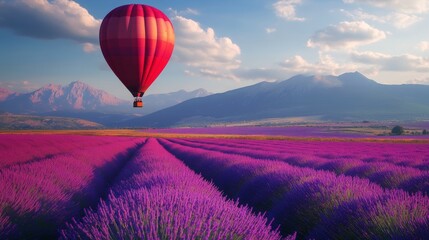 Fototapeta premium Hot Air Balloon Flying Over Lavender Field. generative ai illustration.