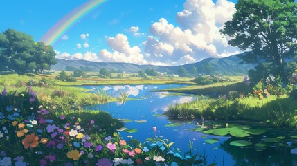 Naklejka premium Magical Rainbow Over Idyllic Landscape. generative ai illustration.