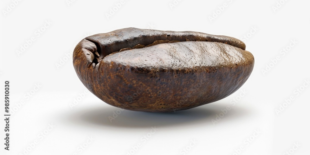 Poster a high-quality image of a single coffee bean on a clean white surface, perfect for use in food or li