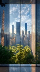 A view of the city from inside an office building, the New York skyline visible through glass windows. Trees can be seen outside, with towering skyscrapers in the distance. 