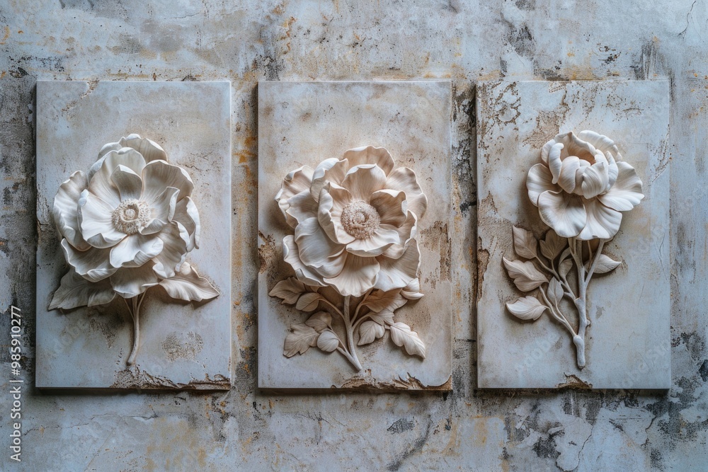 Aufkleber decorative wall with three reliefs featuring different types of flowers