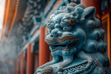 Fototapeta premium Tibetan guardian snow lion statue enveloped in smoke within an intricately decorated temple, capturing serene and sacred essence of Tibetan culture