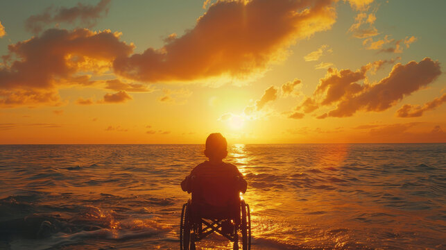 Disabled black female child in wheelchair enjoys serene sunset on beach capturing moment of peace and reflection, representing beauty of inner strength and appreciation for life simple pleasures - Powered by Adobe