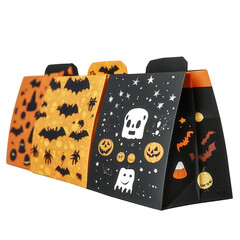 Colorful Halloween treat box featuring spooky designs with bats, ghosts, and pumpkins, perfect for festive celebrations.