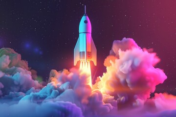 Naklejka premium A colorful rocket launching through vibrant clouds in a starry sky, showcasing a blend of pink, blue, and purple hues