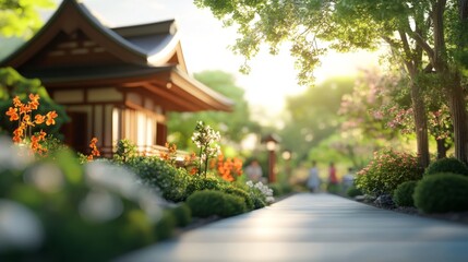 Fototapeta premium Serene Garden Path with Japanese Architecture in Background