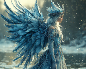 elegant female winter fae in a flowing gown with large feathered wings standing in a snowy landscape surrounded by falling snowflakes
